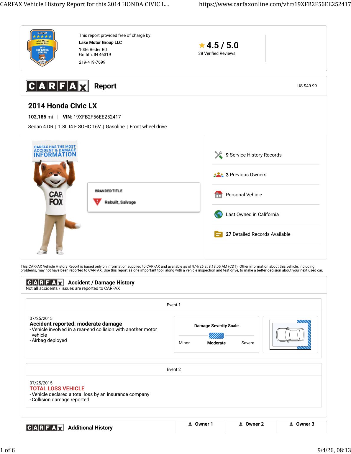 CARFAX vehicle history report — first page