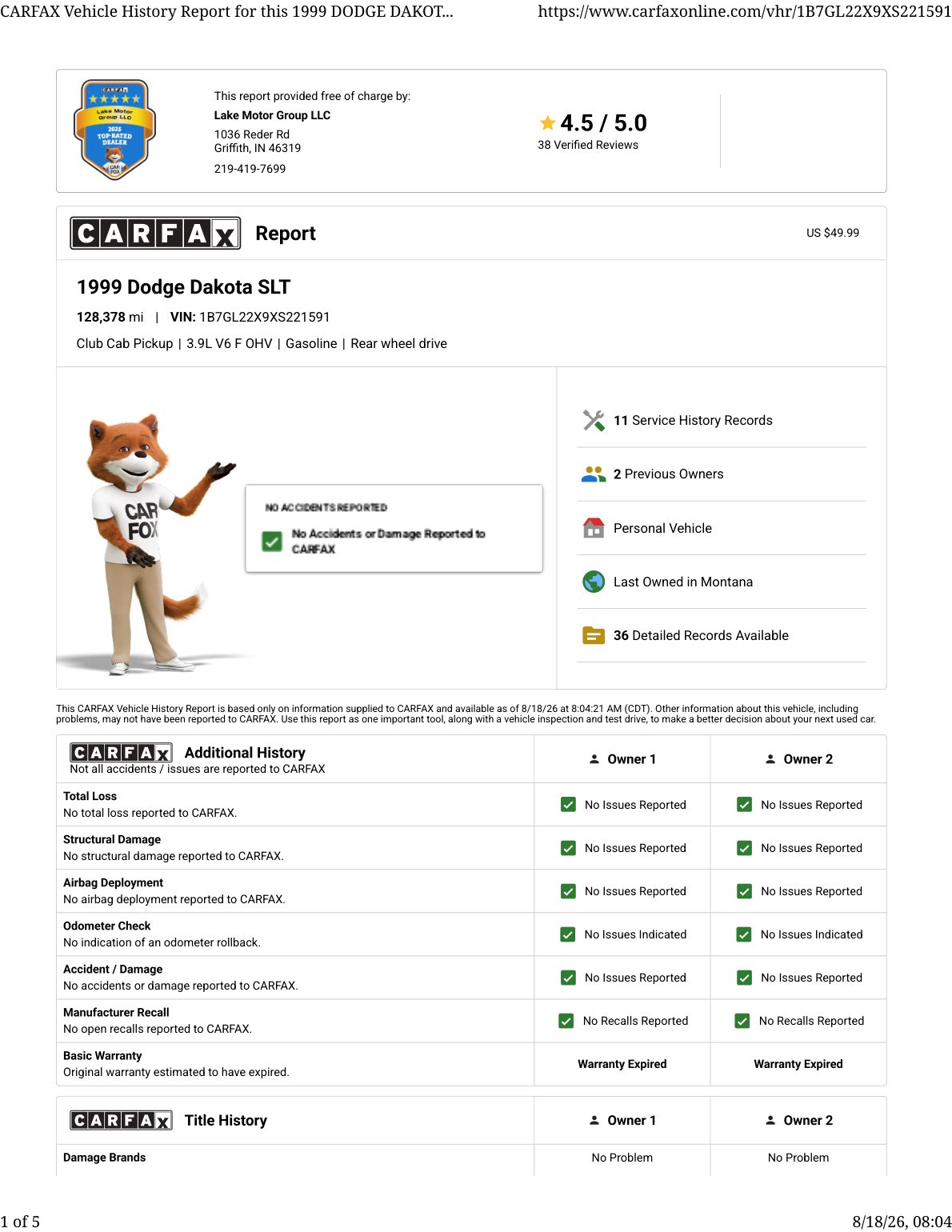 CARFAX vehicle history report — first page