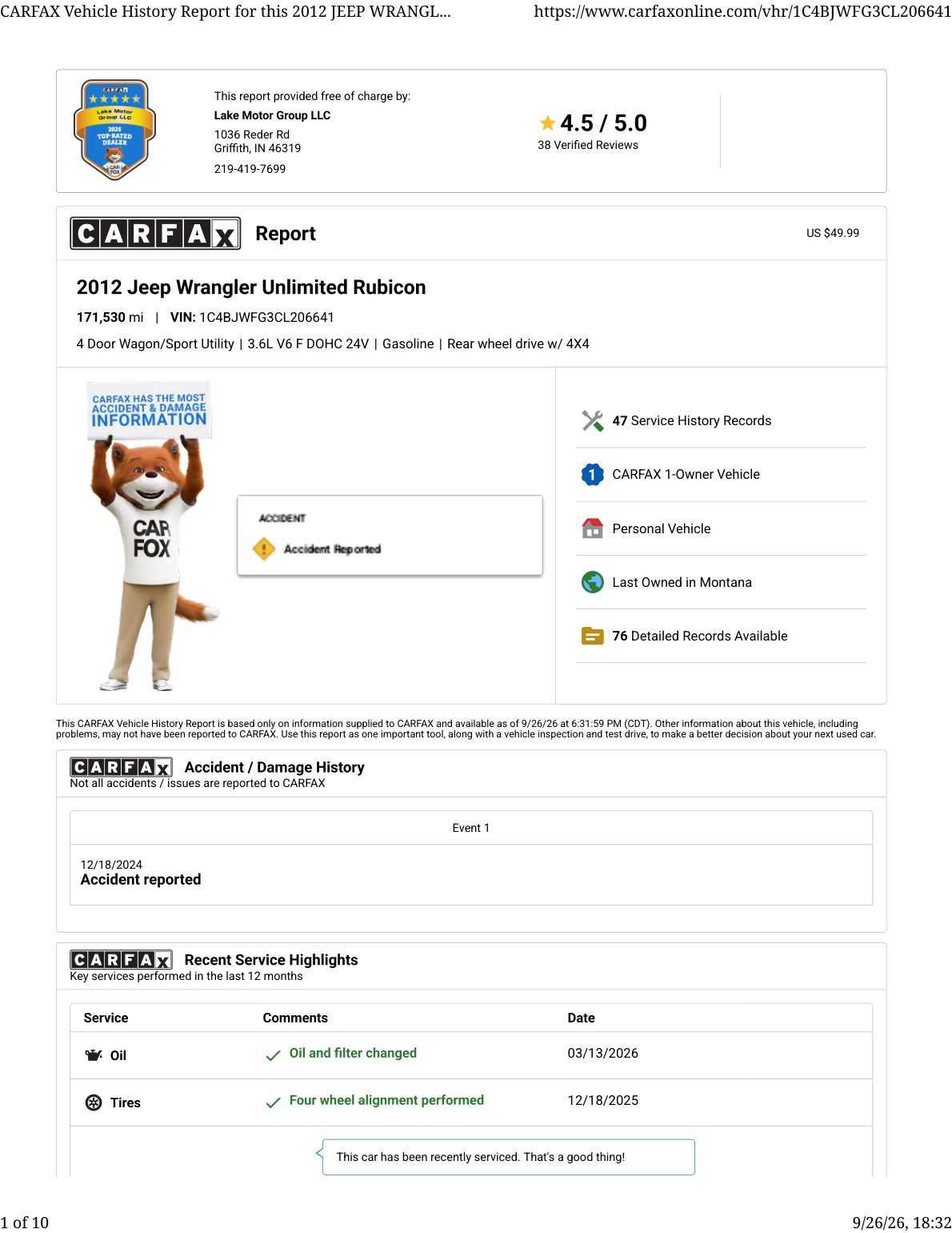 CARFAX vehicle history report — first page