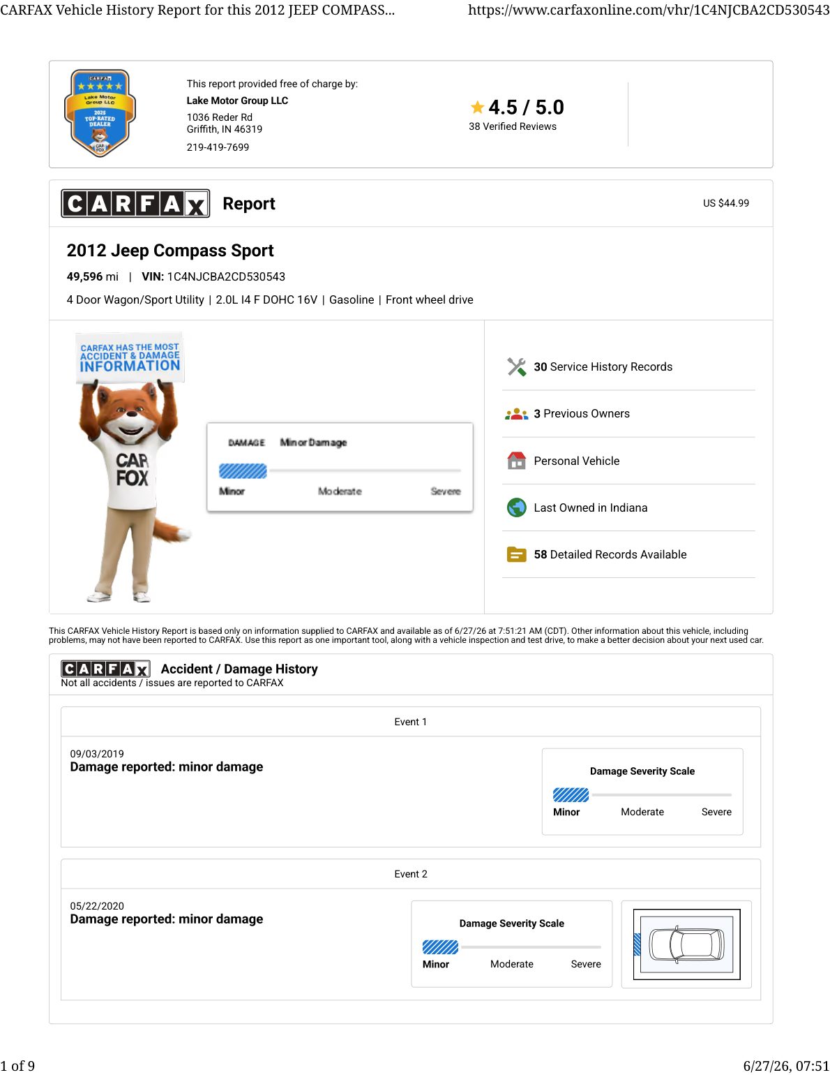 CARFAX vehicle history report — first page