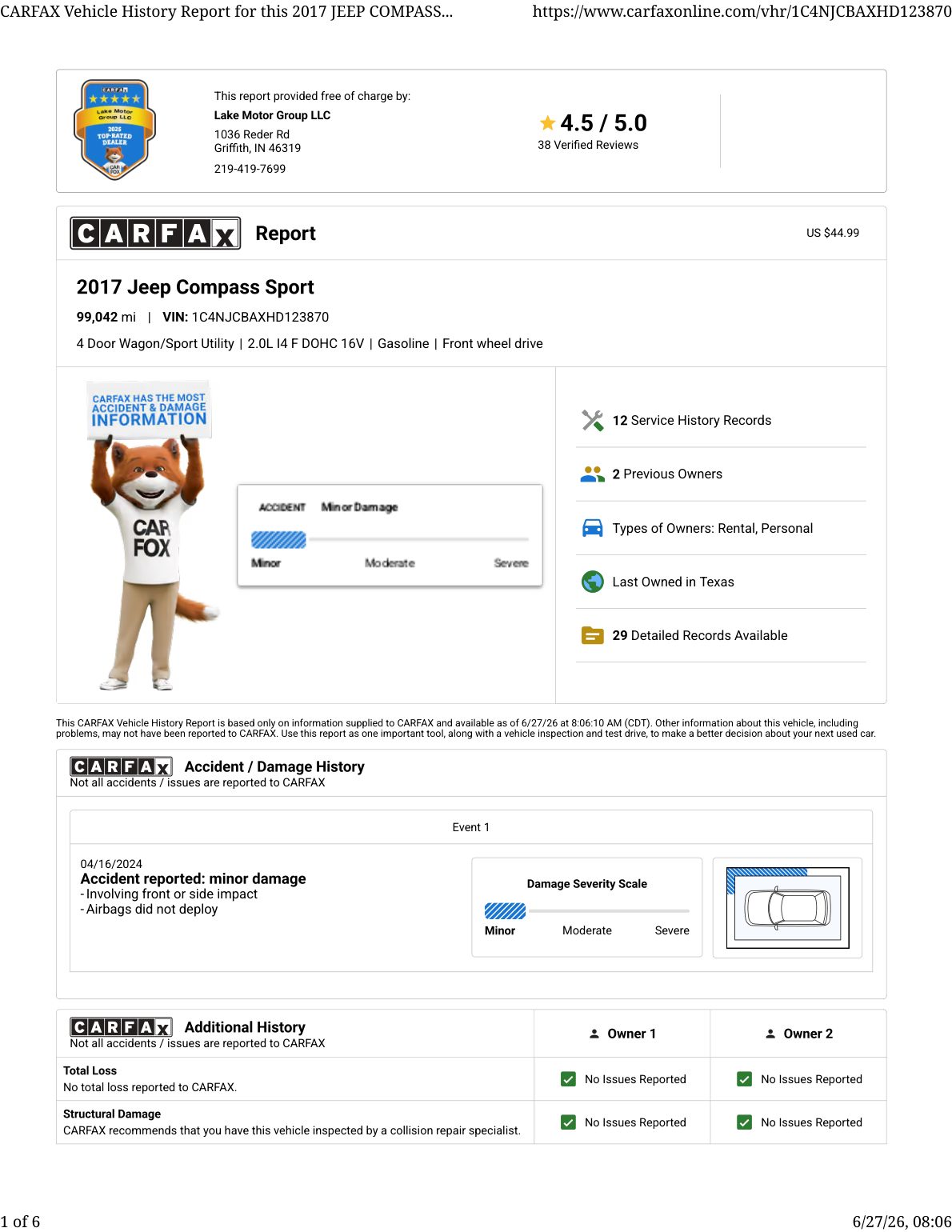 CARFAX vehicle history report — first page