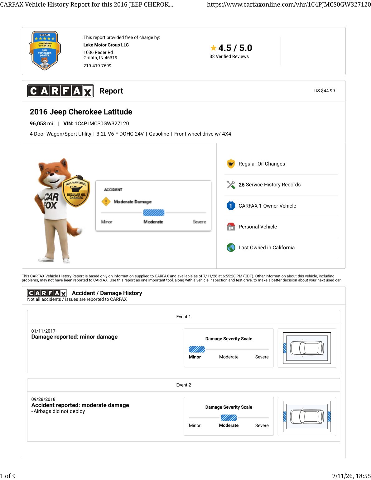 CARFAX vehicle history report — first page