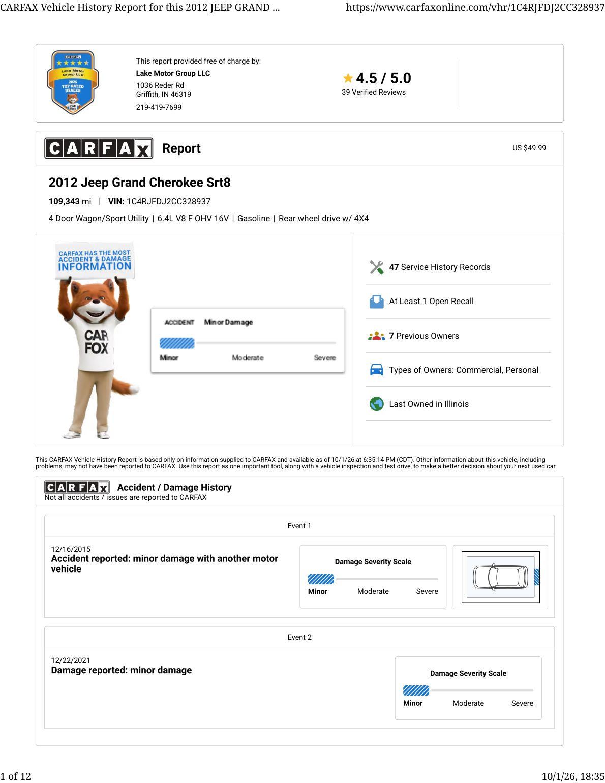 CARFAX vehicle history report — first page