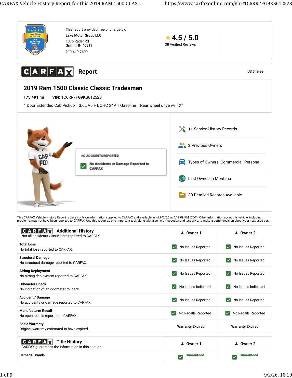 CARFAX vehicle history report — first page