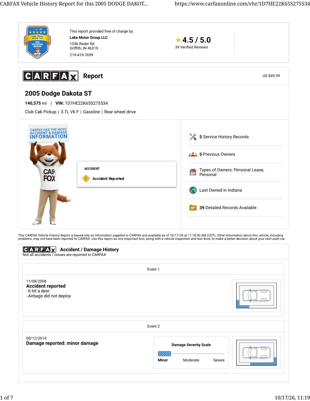 CARFAX vehicle history report — first page