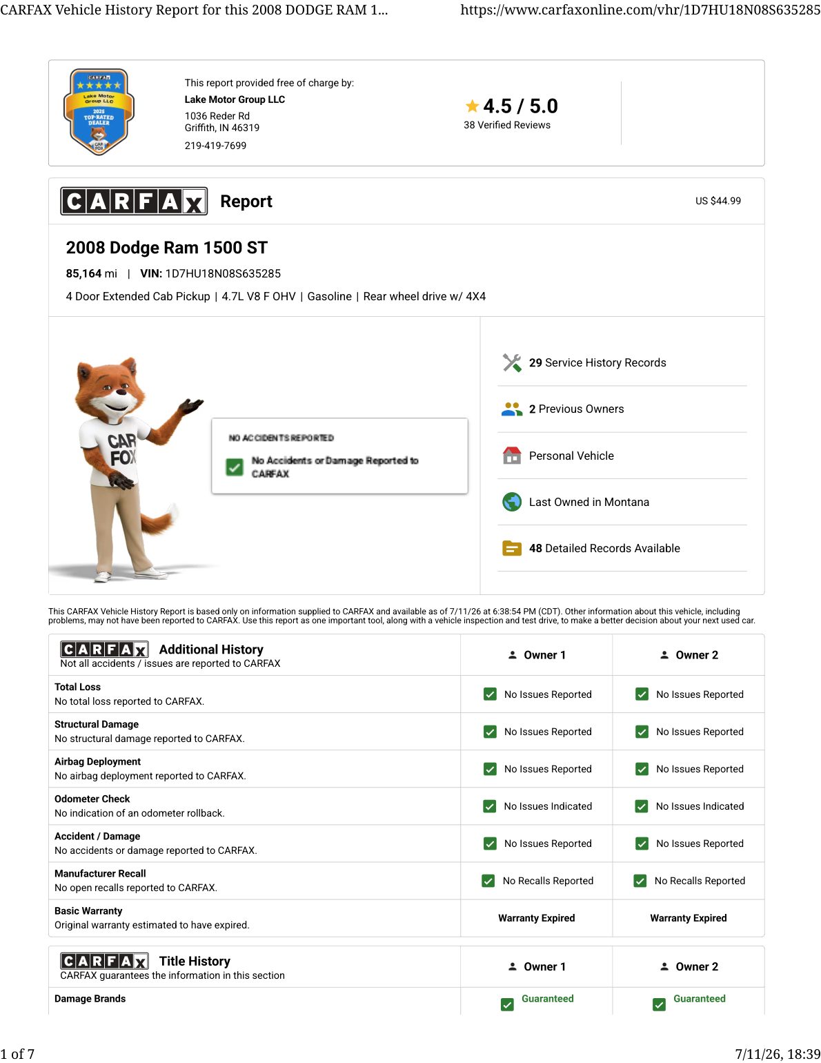 CARFAX vehicle history report — first page