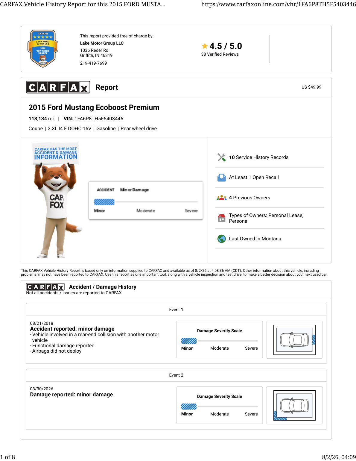 CARFAX vehicle history report — first page