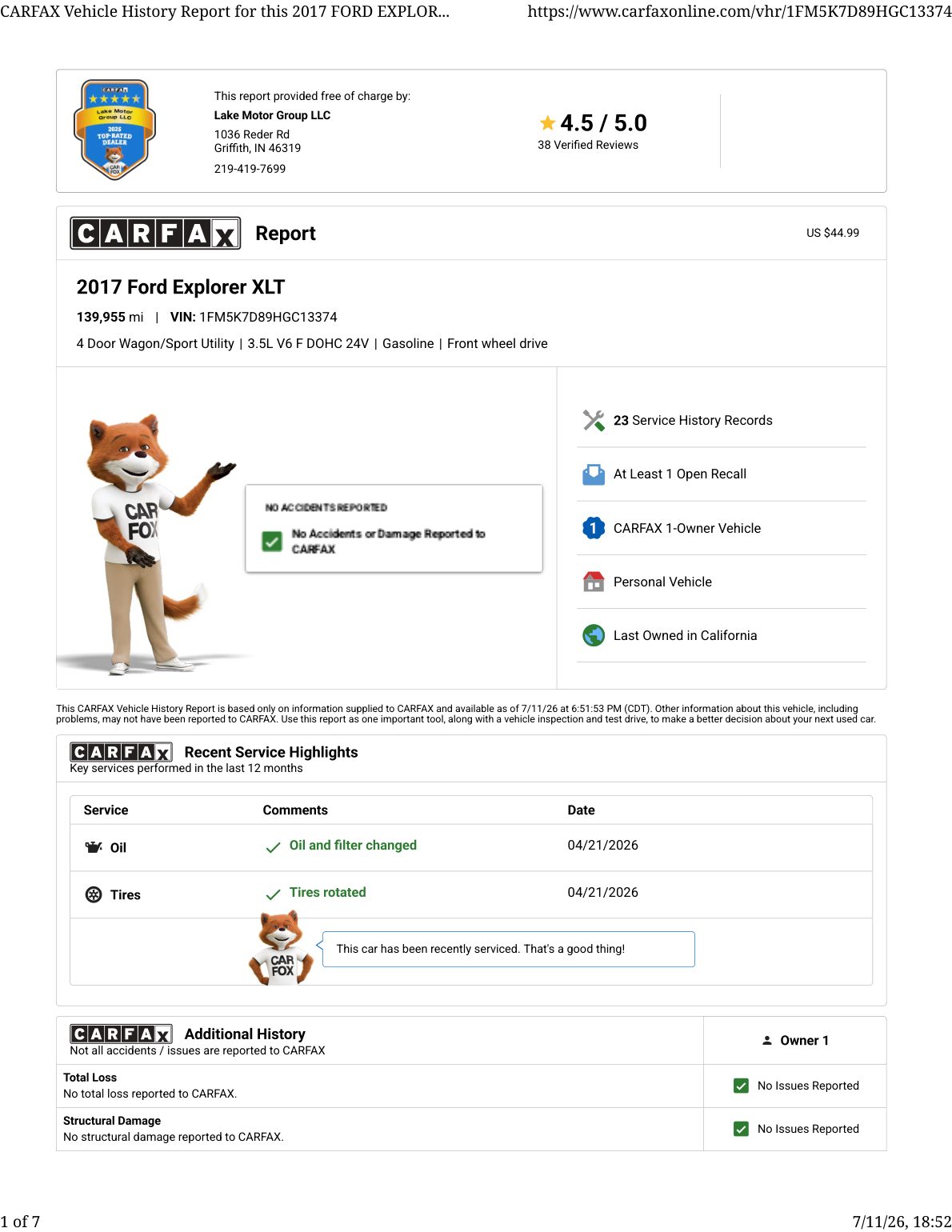 CARFAX vehicle history report — first page