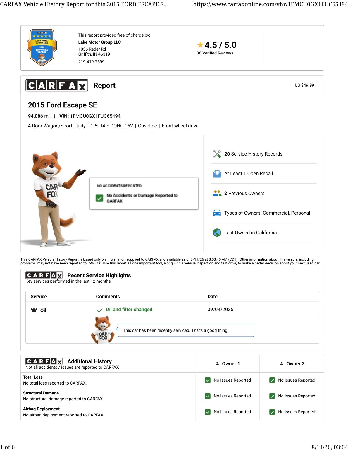 CARFAX vehicle history report — first page