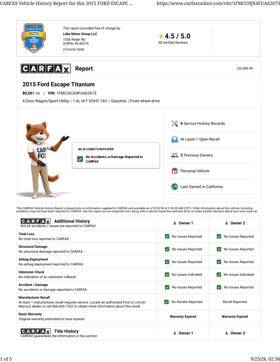 CARFAX vehicle history report — first page
