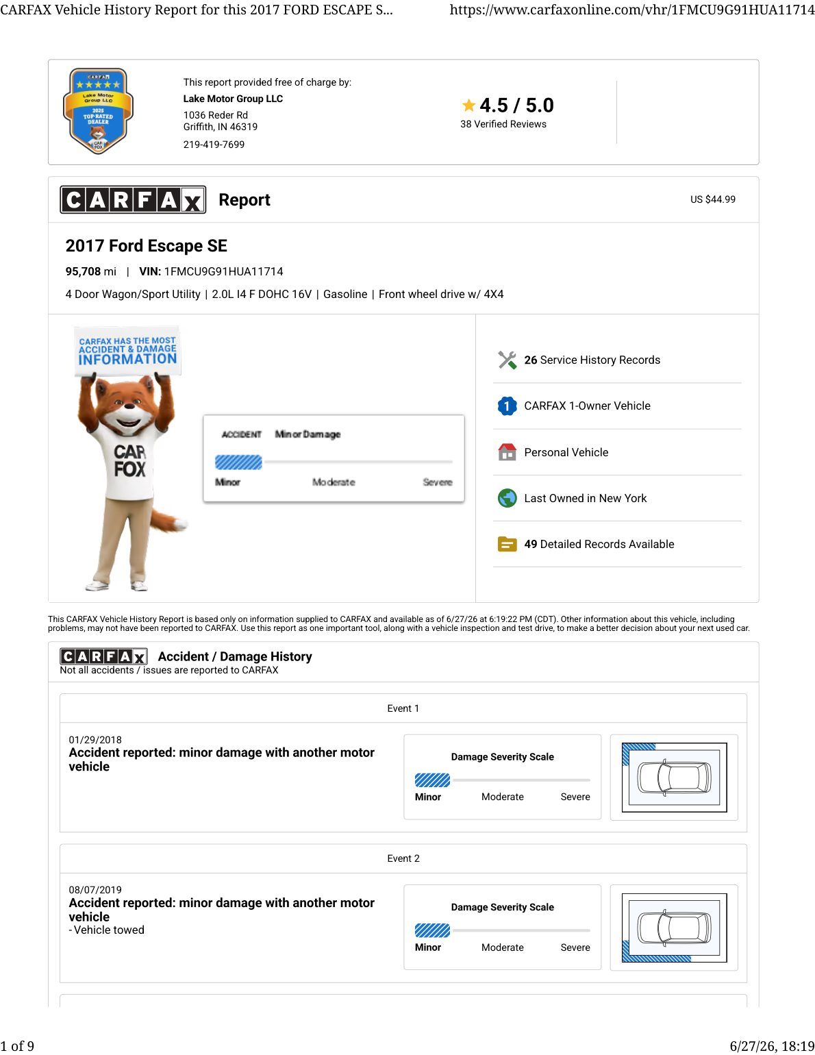 CARFAX vehicle history report — first page