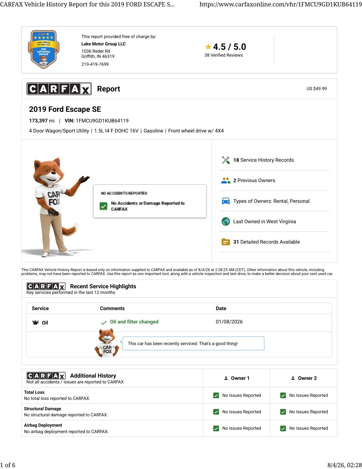 CARFAX vehicle history report — first page