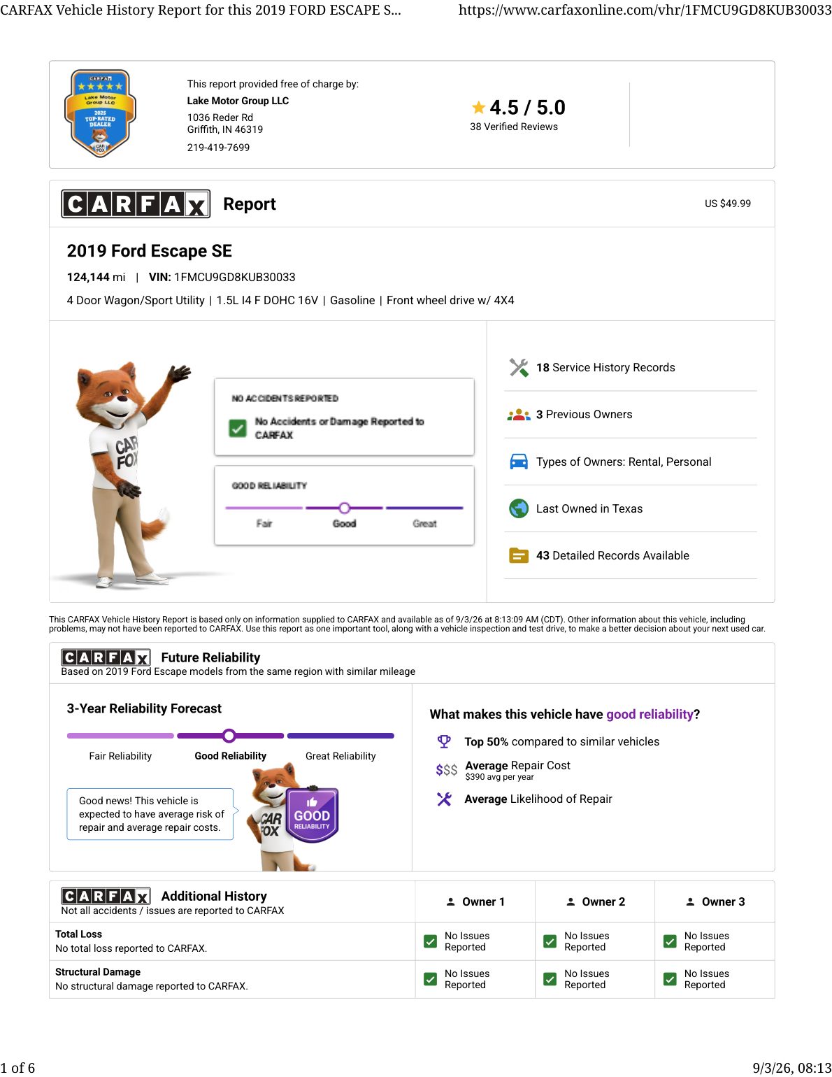 CARFAX vehicle history report — first page