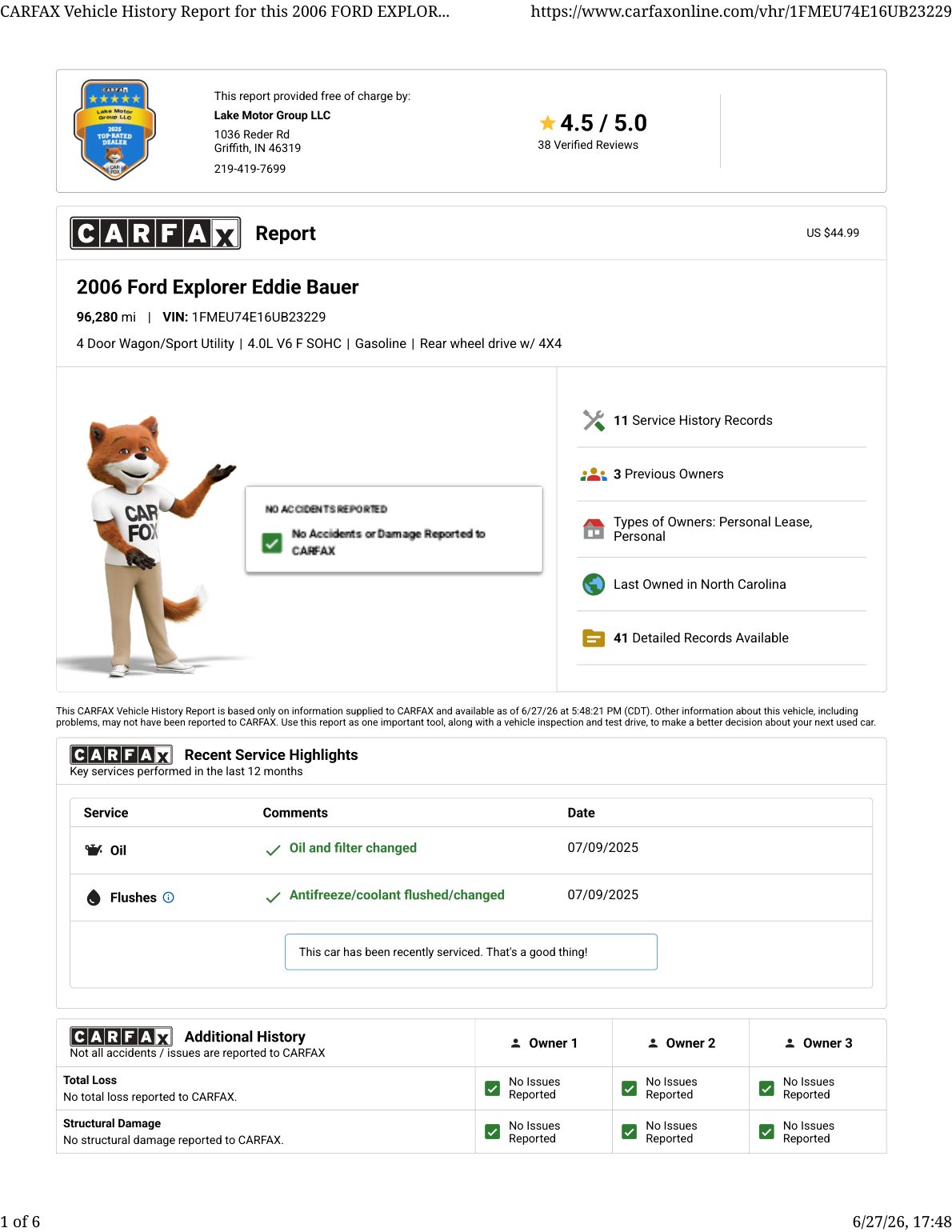 CARFAX vehicle history report — first page