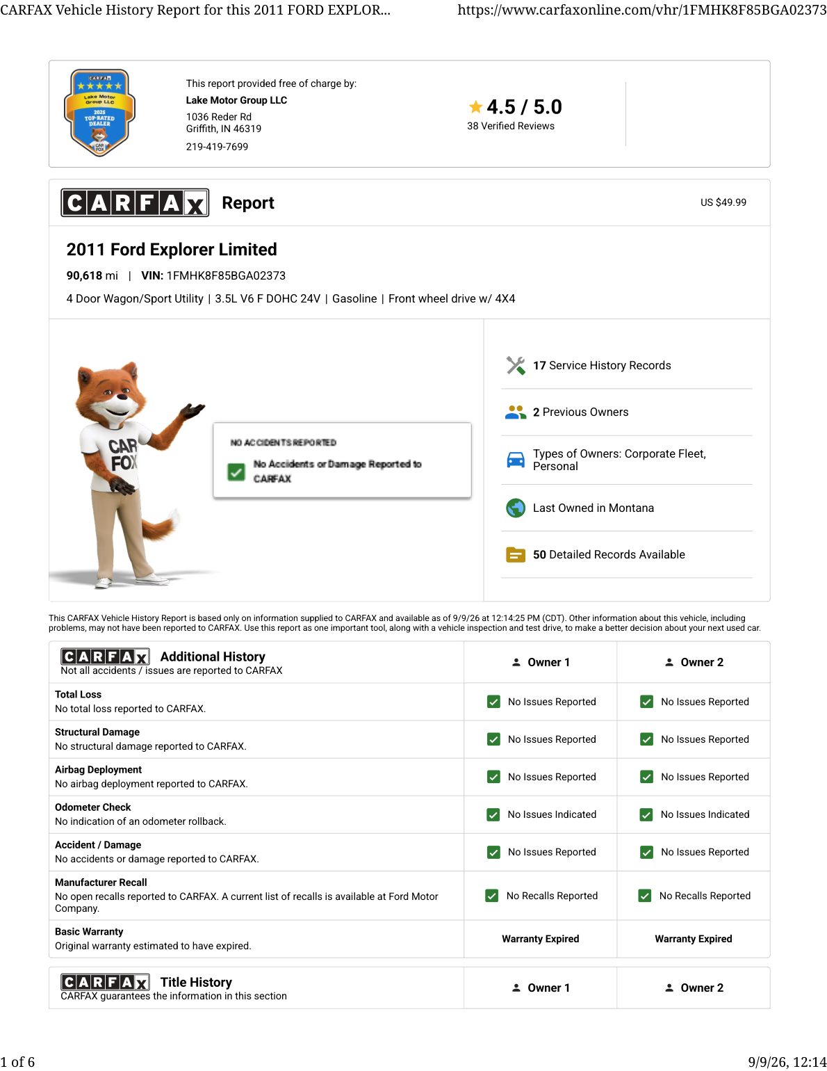 CARFAX vehicle history report — first page