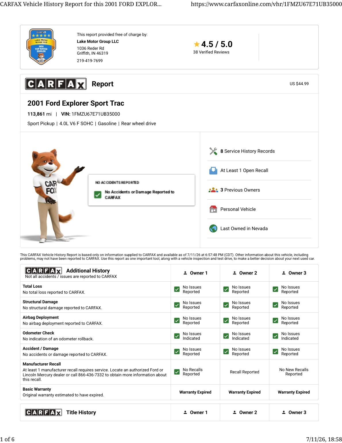 CARFAX vehicle history report — first page
