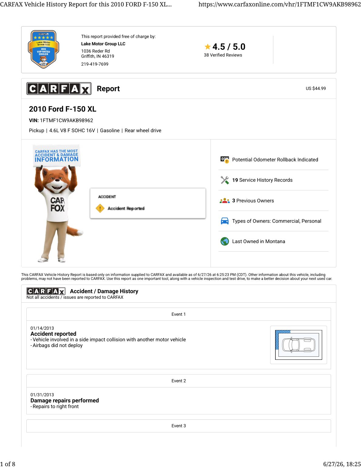 CARFAX vehicle history report — first page