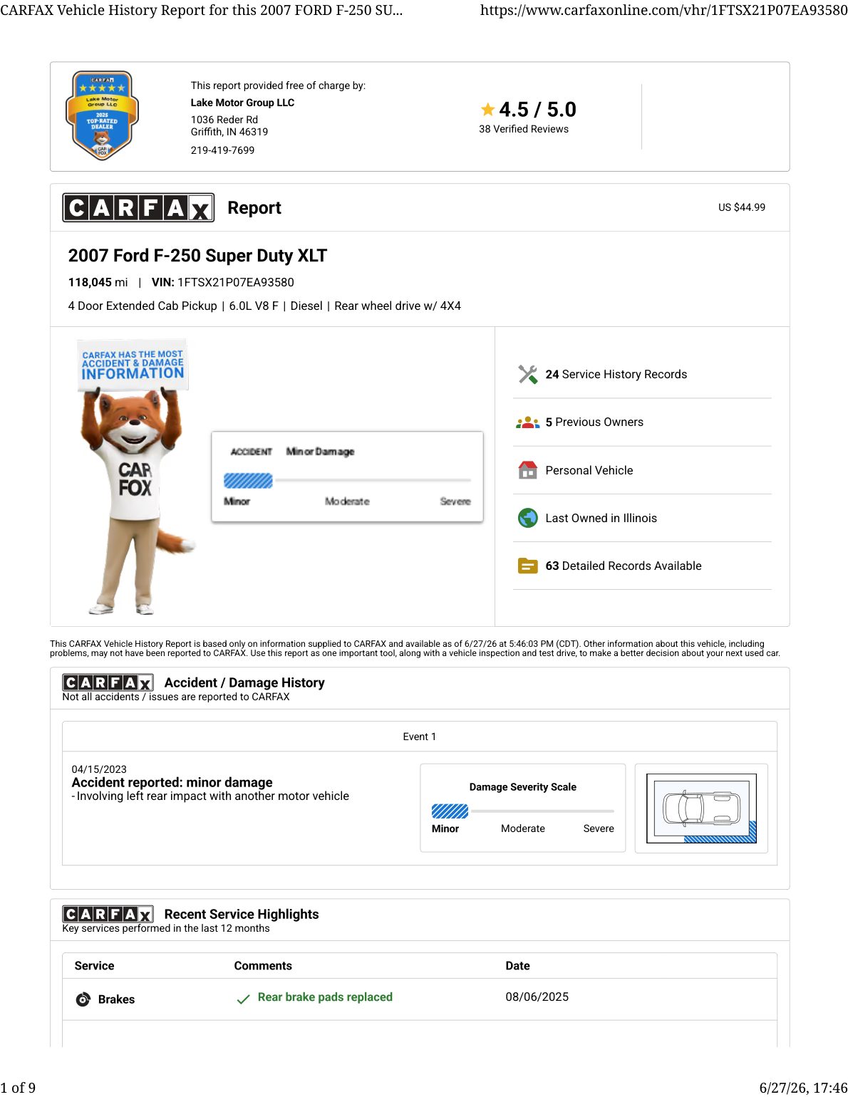 CARFAX vehicle history report — first page