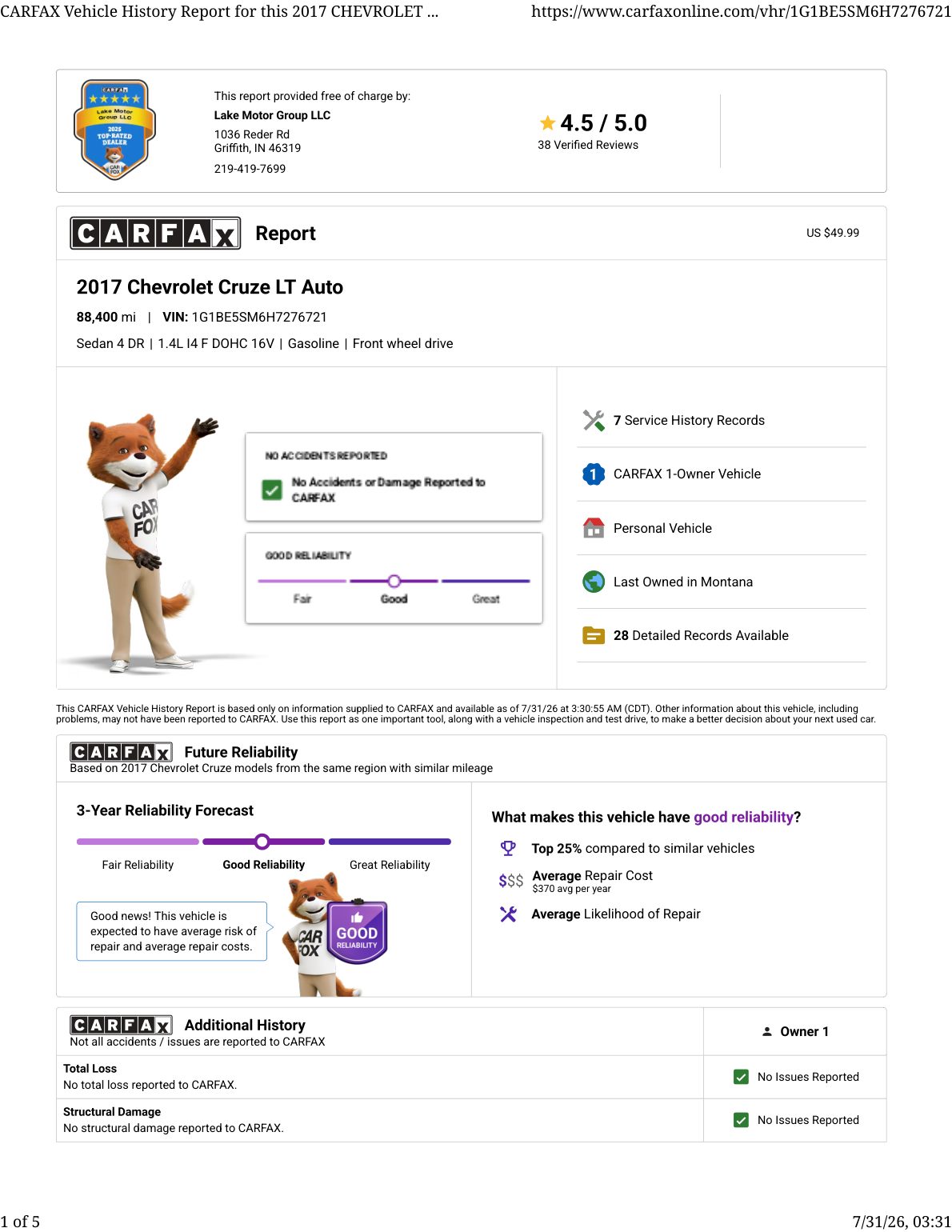 CARFAX vehicle history report — first page