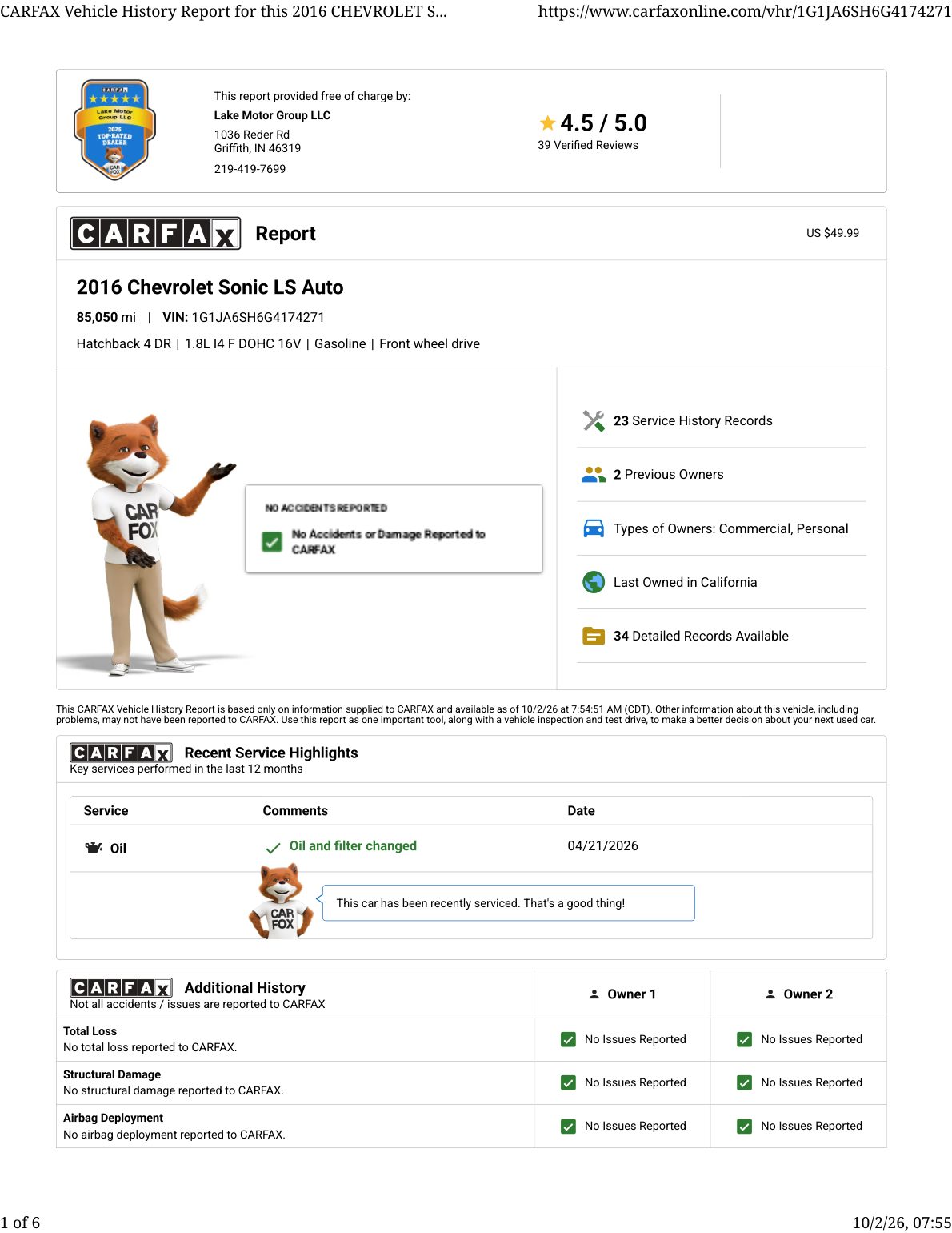 CARFAX vehicle history report — first page