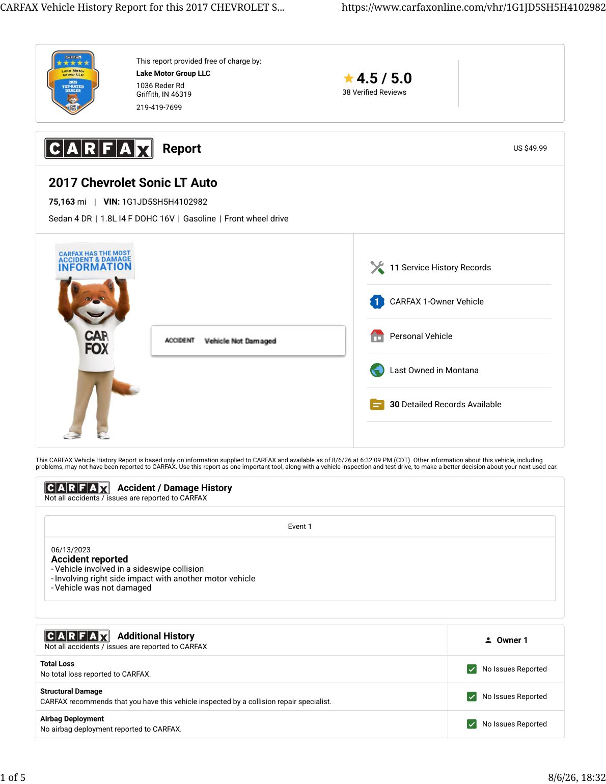 CARFAX vehicle history report — first page