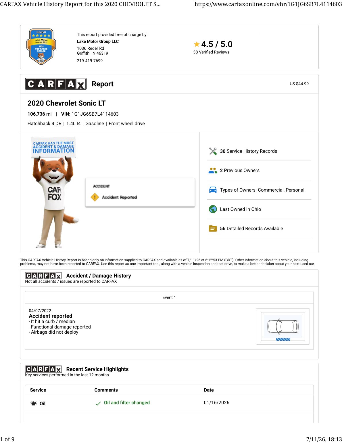 CARFAX vehicle history report — first page