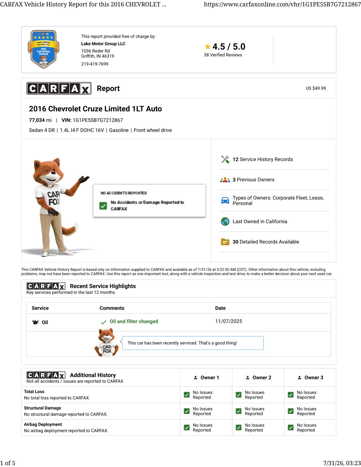 CARFAX vehicle history report — first page