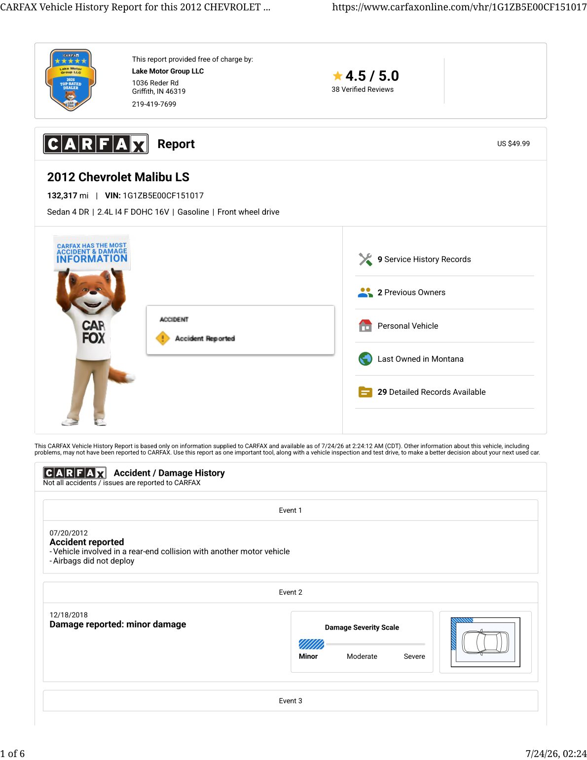CARFAX vehicle history report — first page