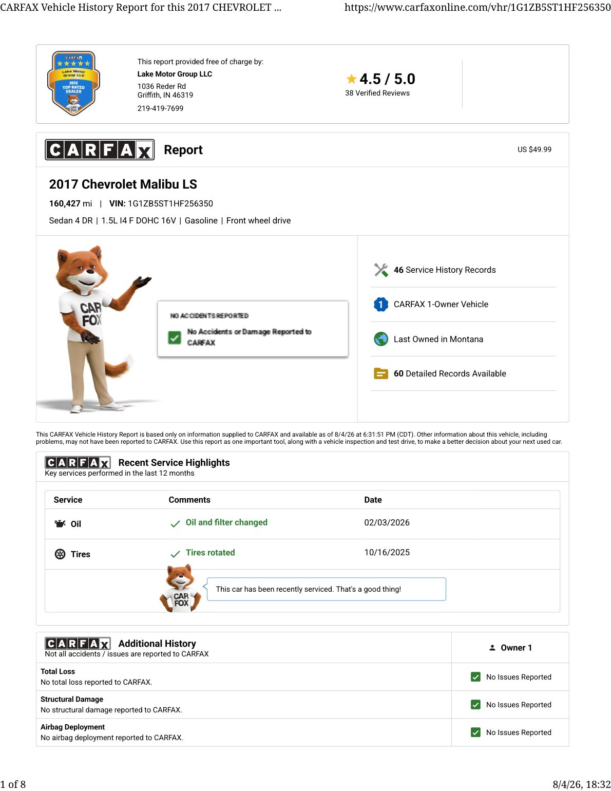 CARFAX vehicle history report — first page