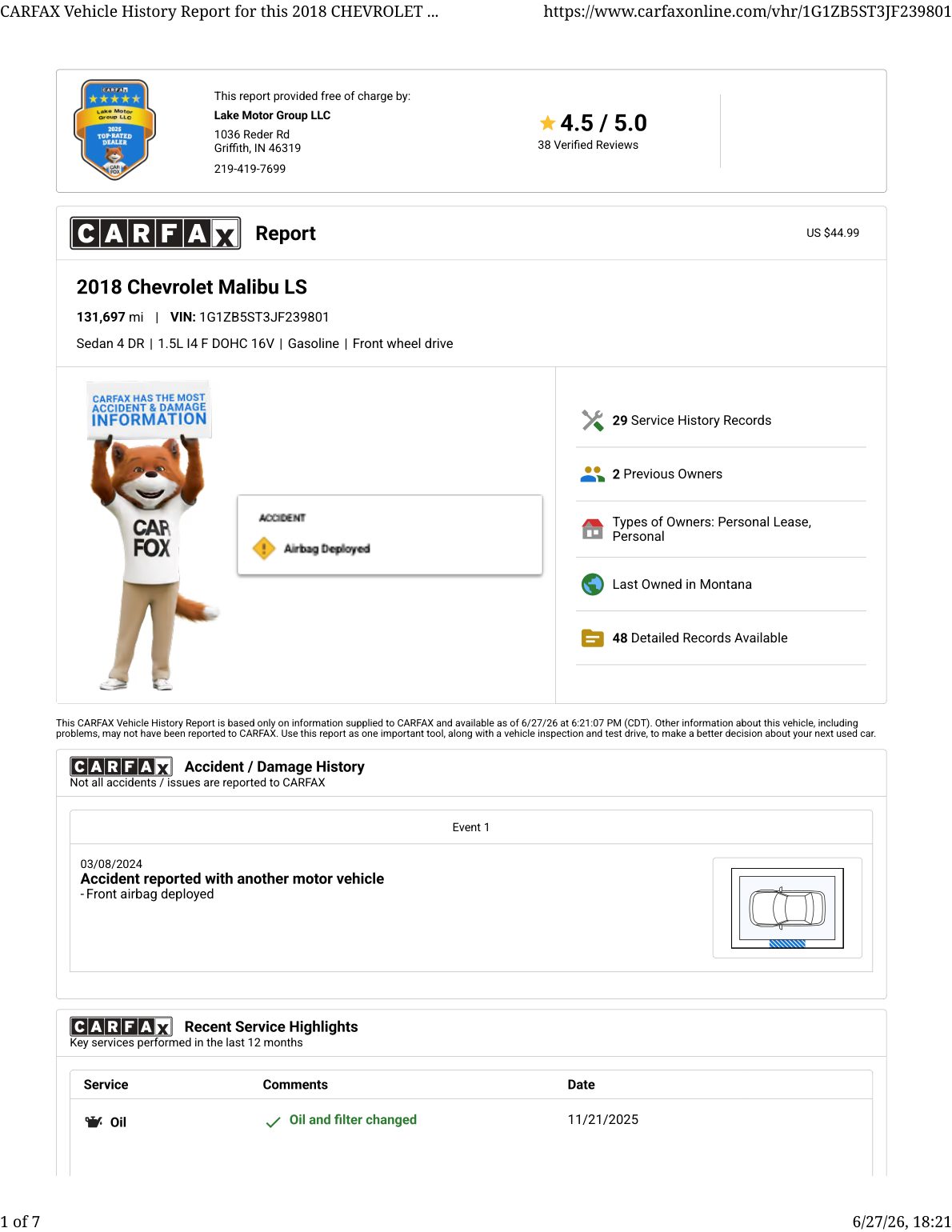 CARFAX vehicle history report — first page