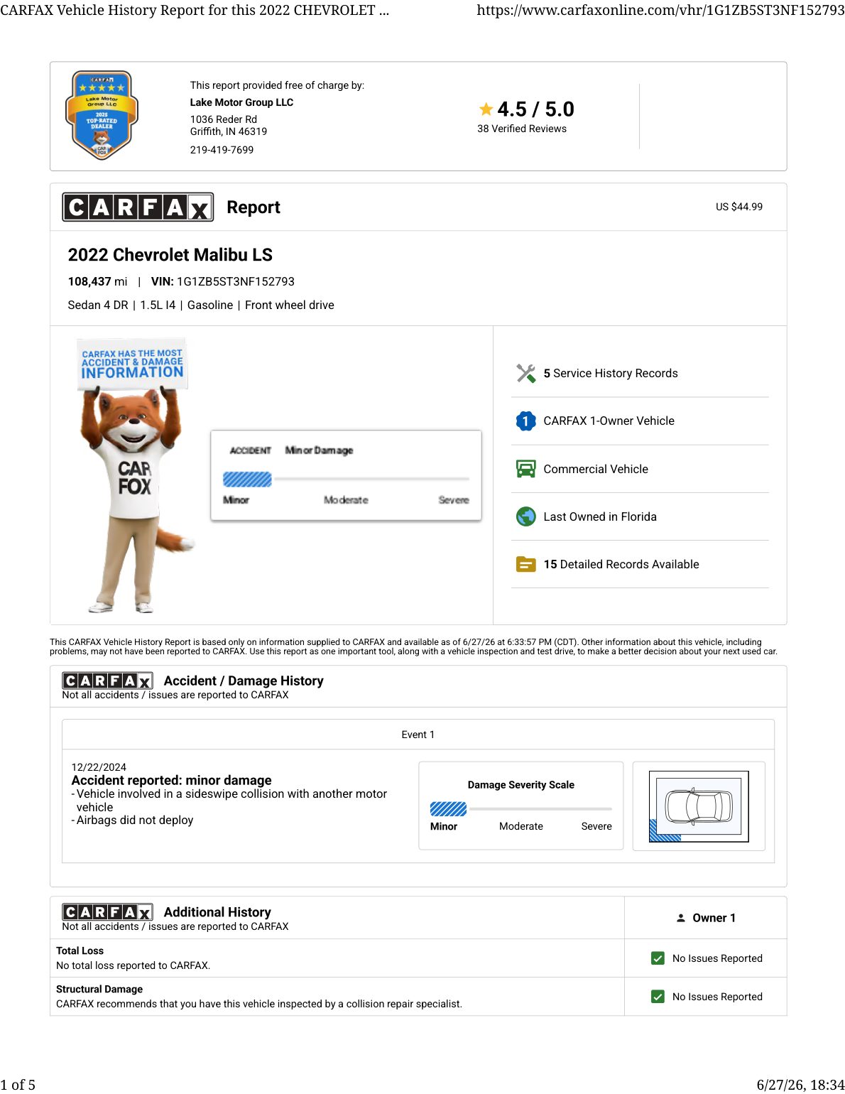 CARFAX vehicle history report — first page