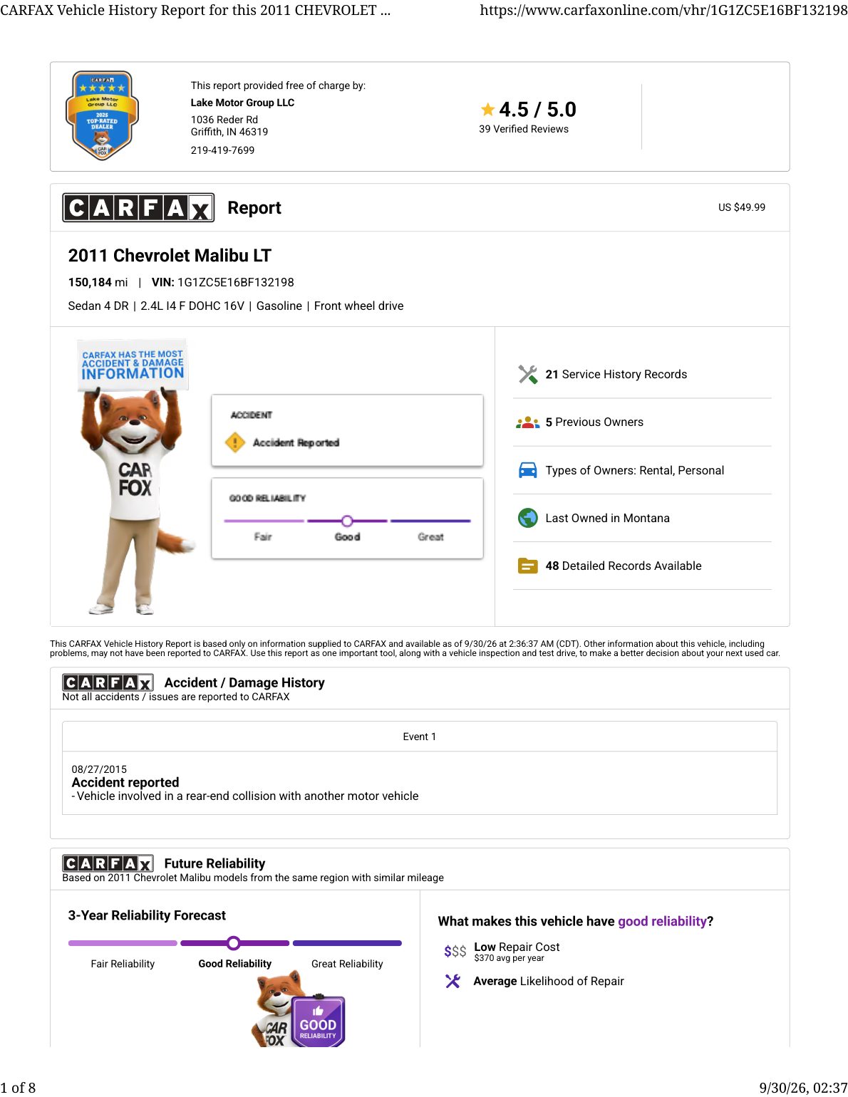 CARFAX vehicle history report — first page
