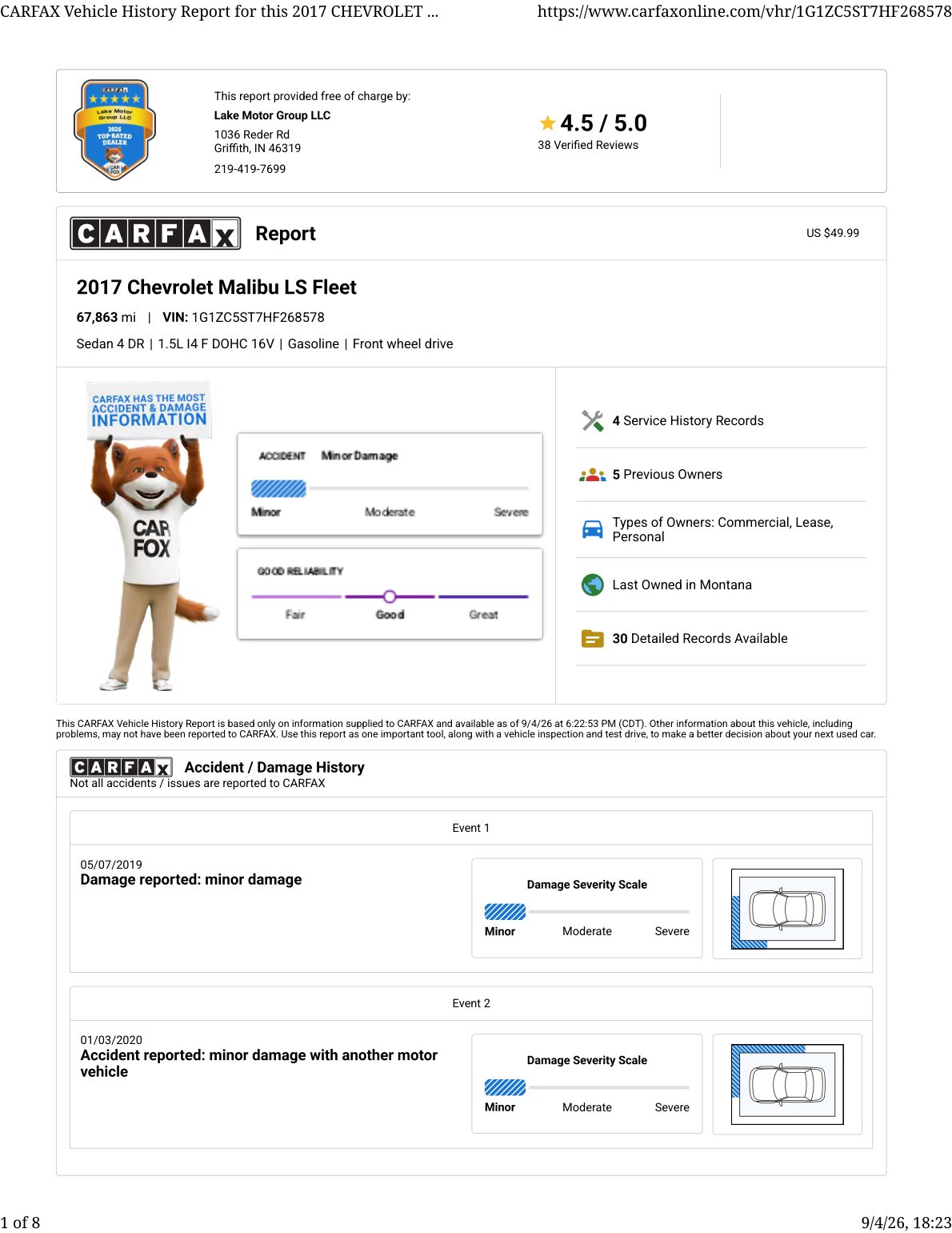 CARFAX vehicle history report — first page