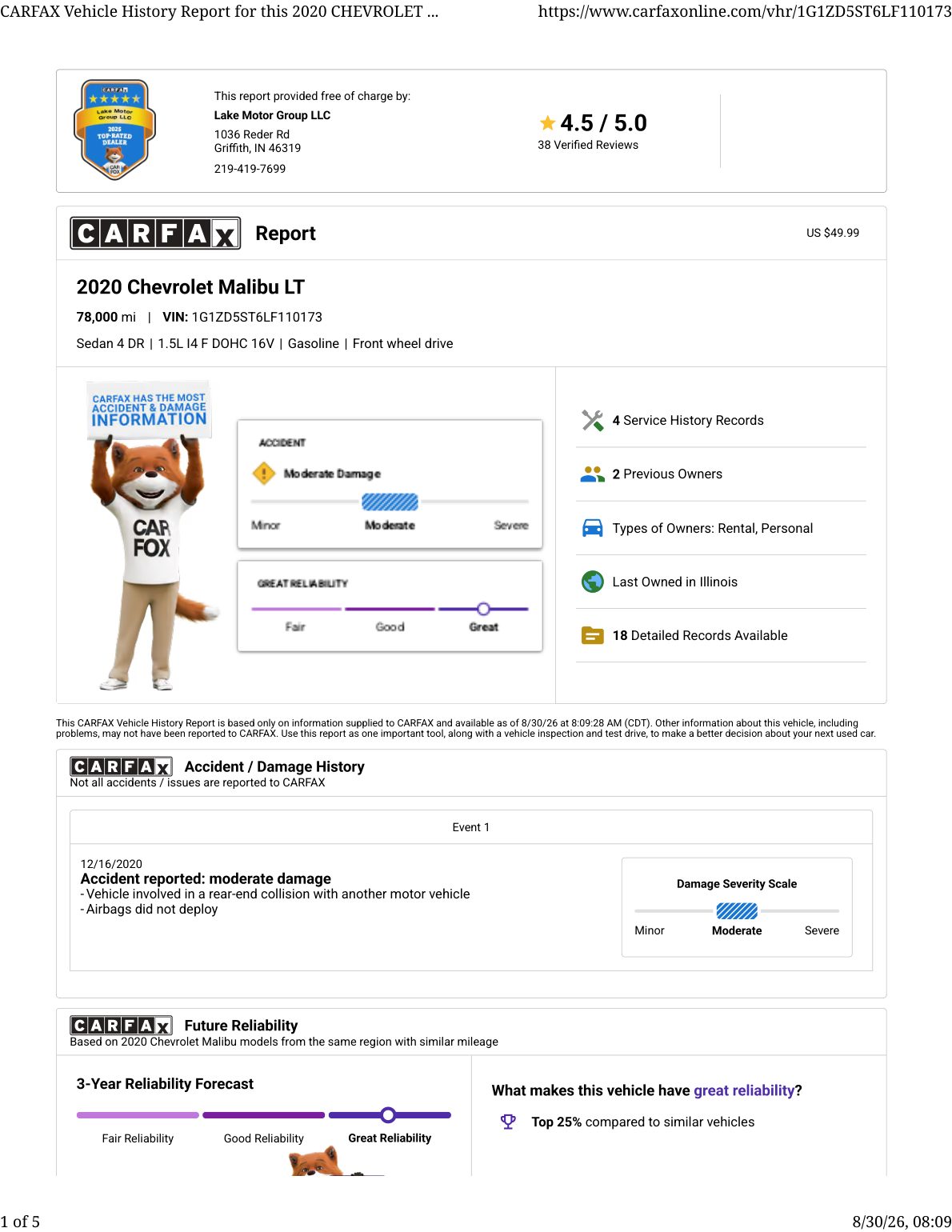 CARFAX vehicle history report — first page