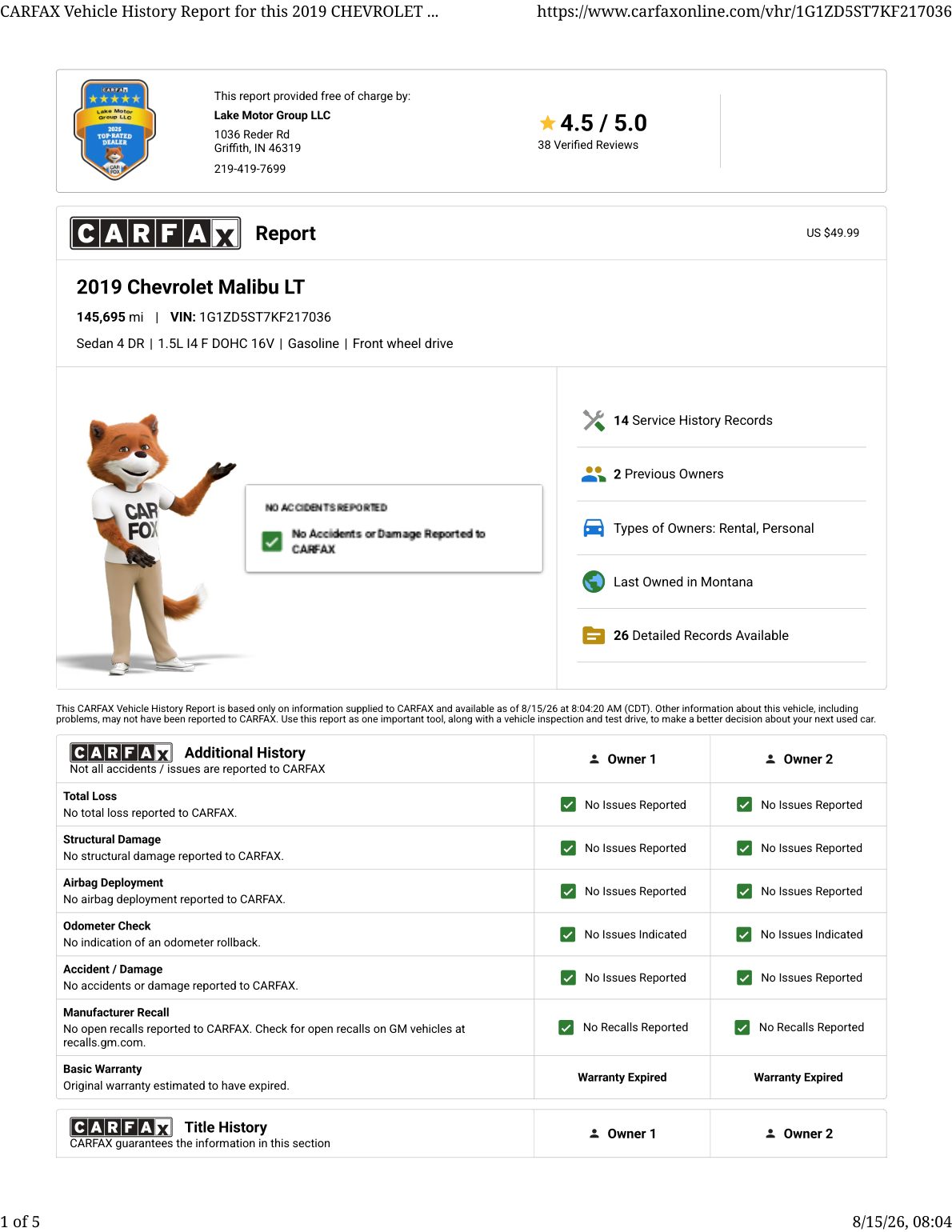 CARFAX vehicle history report — first page