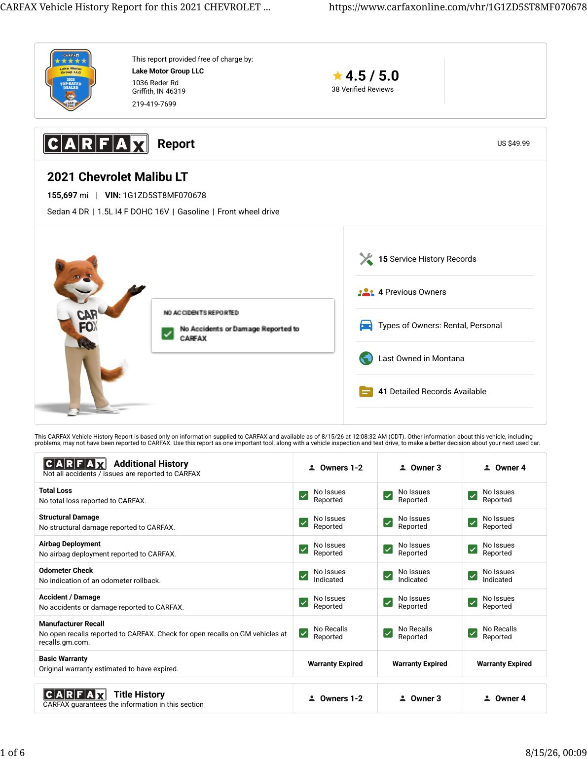 CARFAX vehicle history report — first page