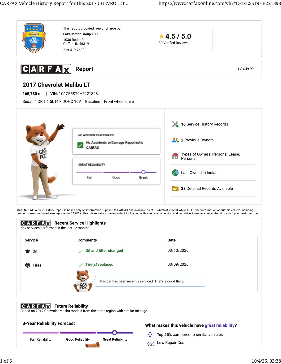 CARFAX vehicle history report — first page