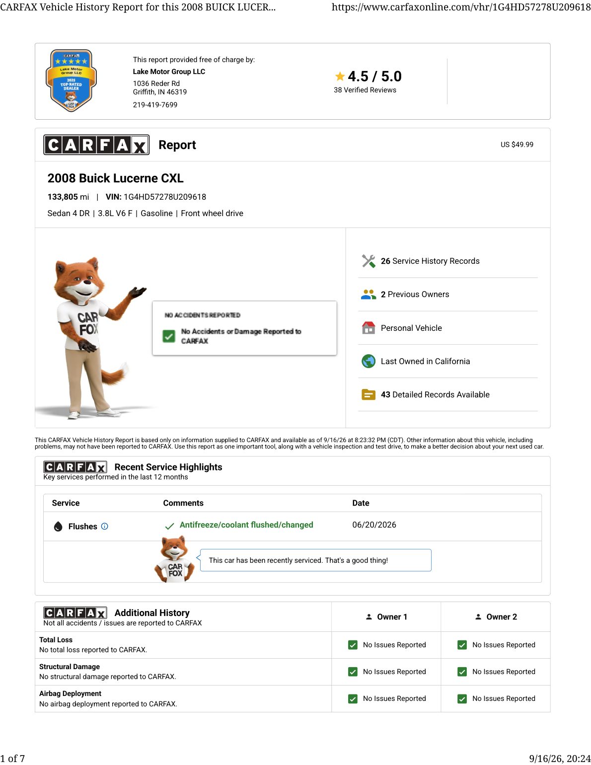 CARFAX vehicle history report — first page