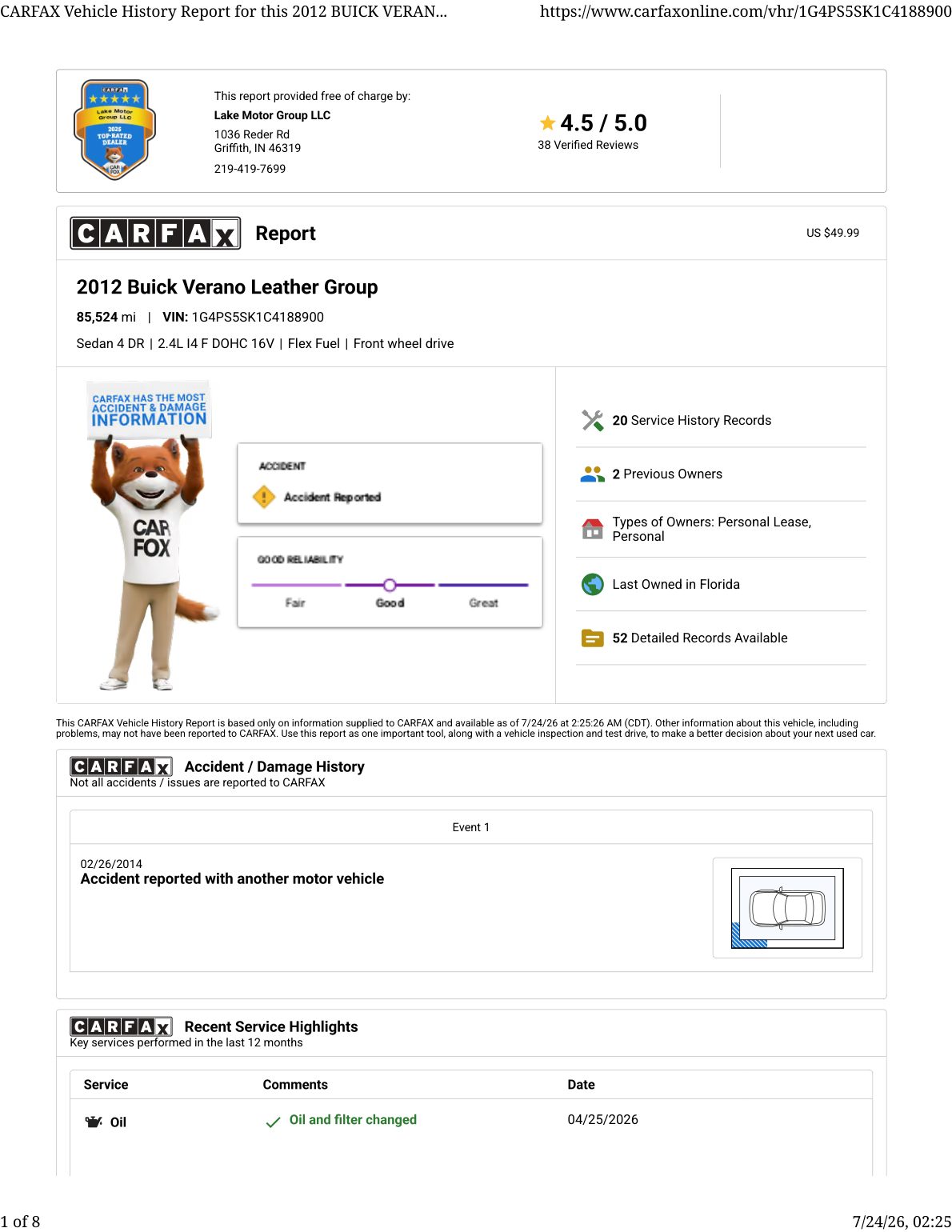 CARFAX vehicle history report — first page