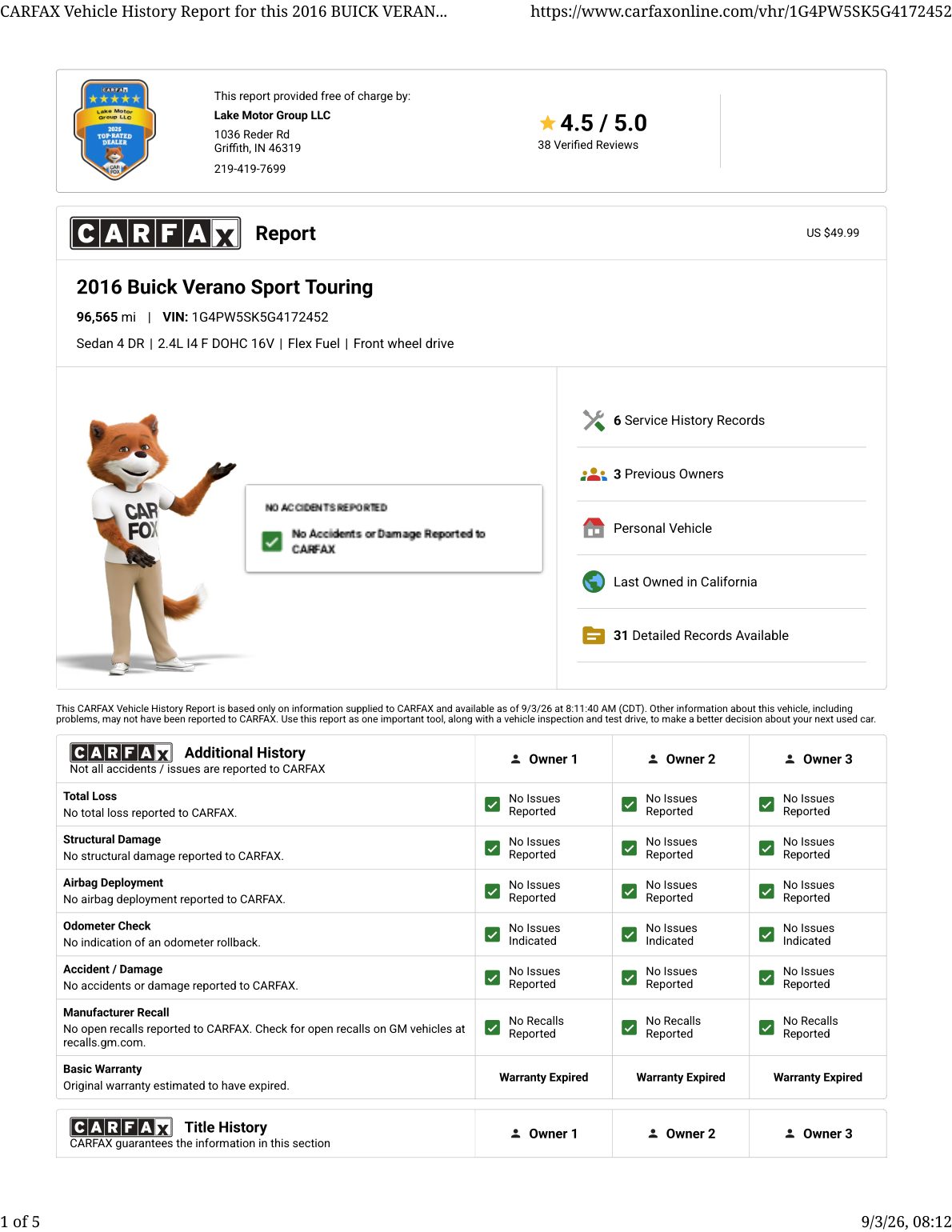 CARFAX vehicle history report — first page
