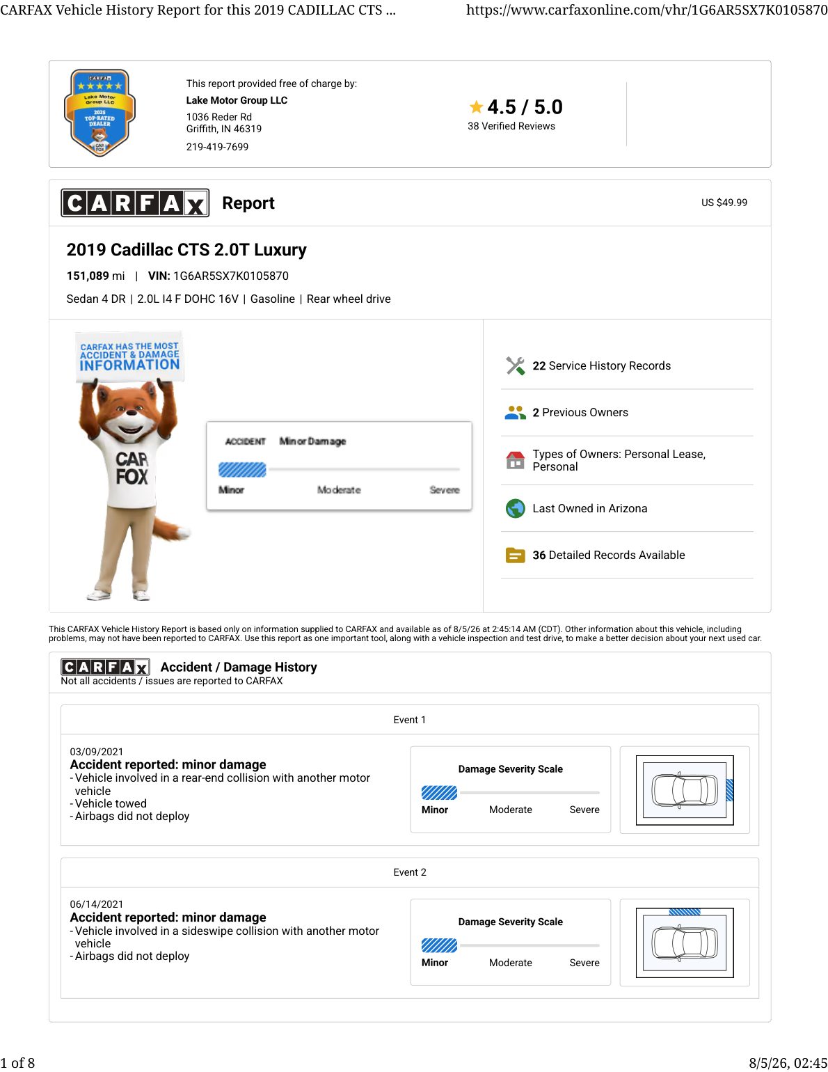 CARFAX vehicle history report — first page