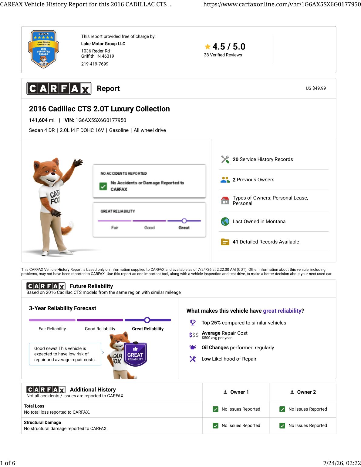 CARFAX vehicle history report — first page