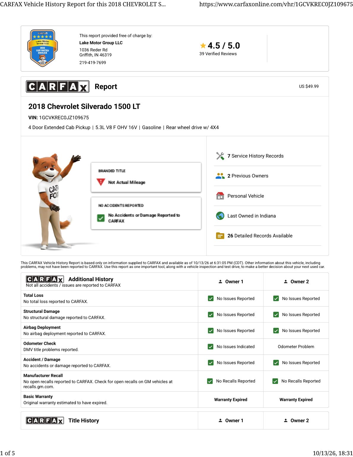 CARFAX vehicle history report — first page