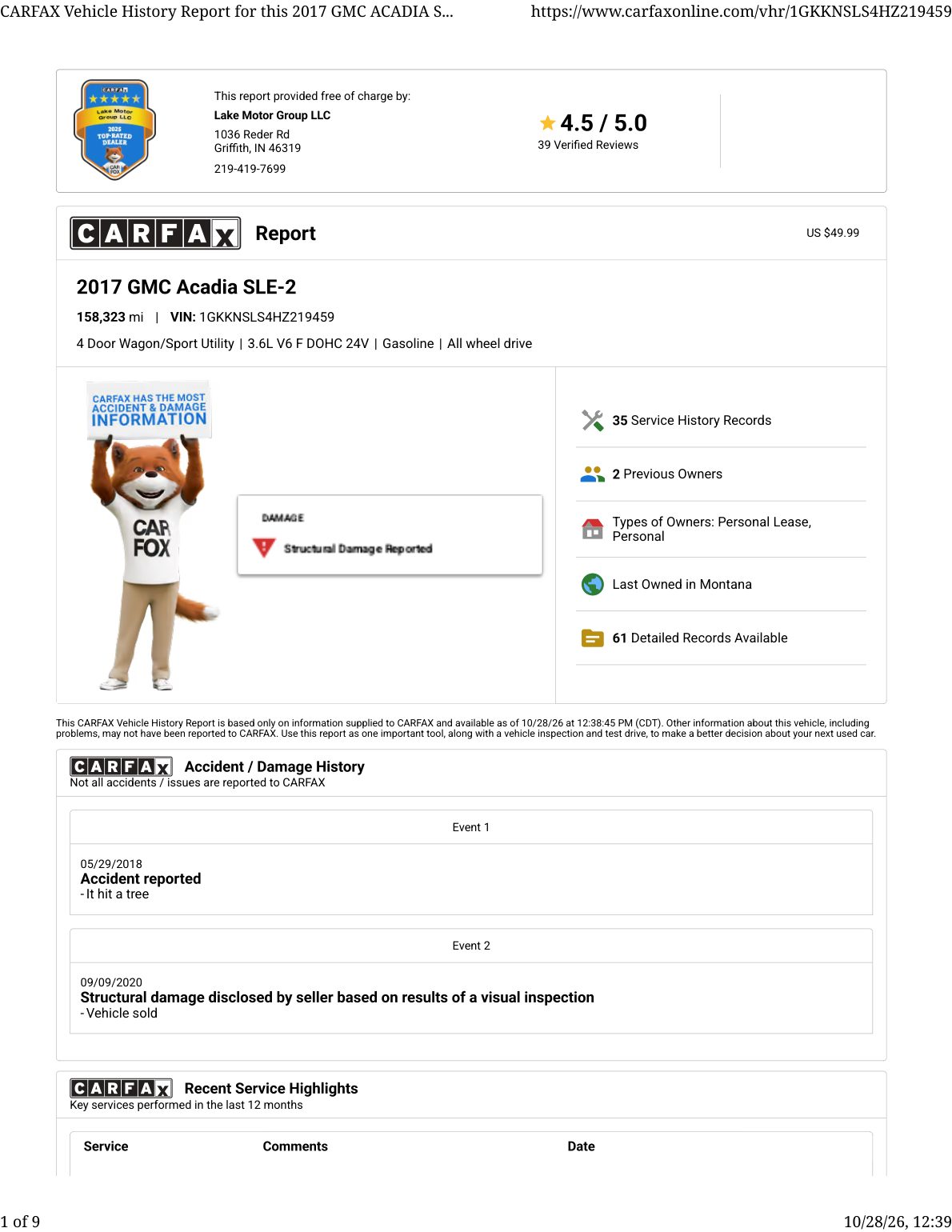 CARFAX vehicle history report — first page