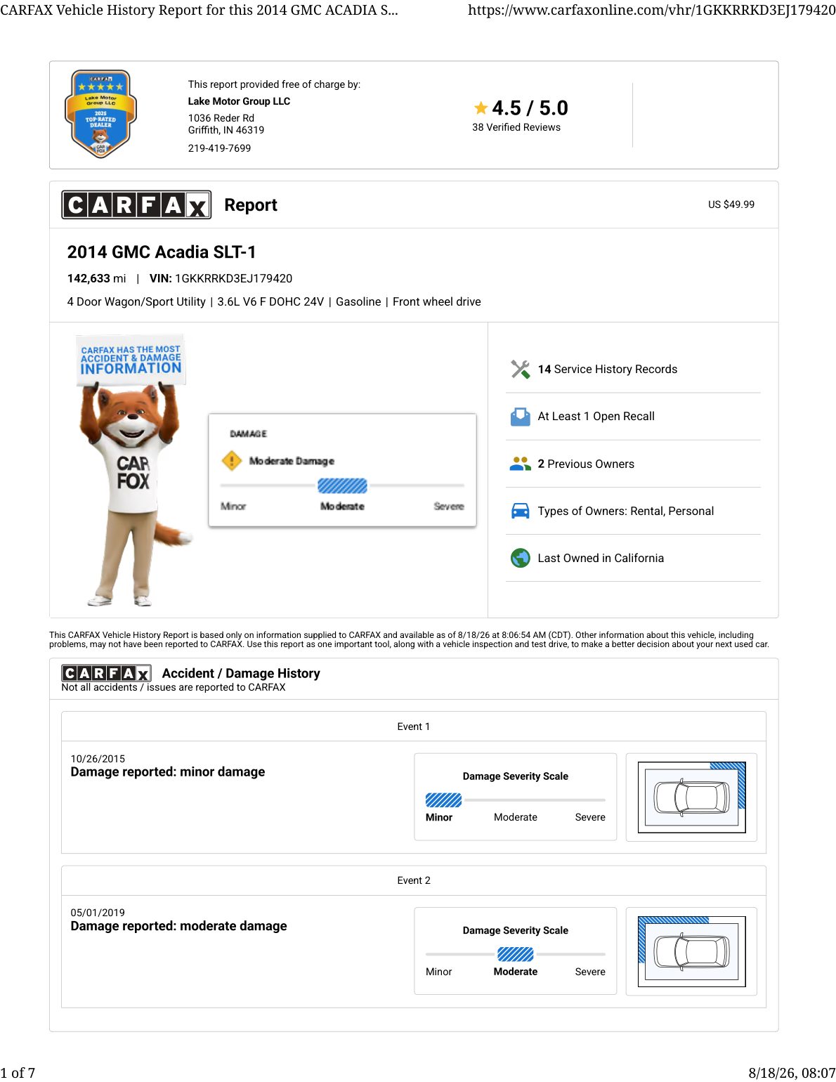 CARFAX vehicle history report — first page