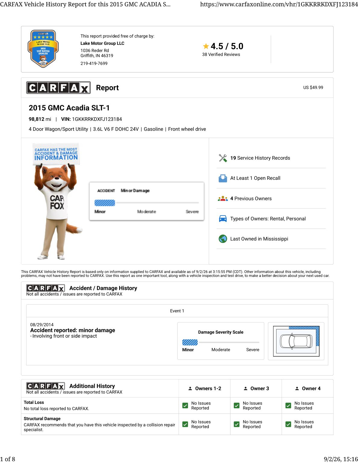 CARFAX vehicle history report — first page
