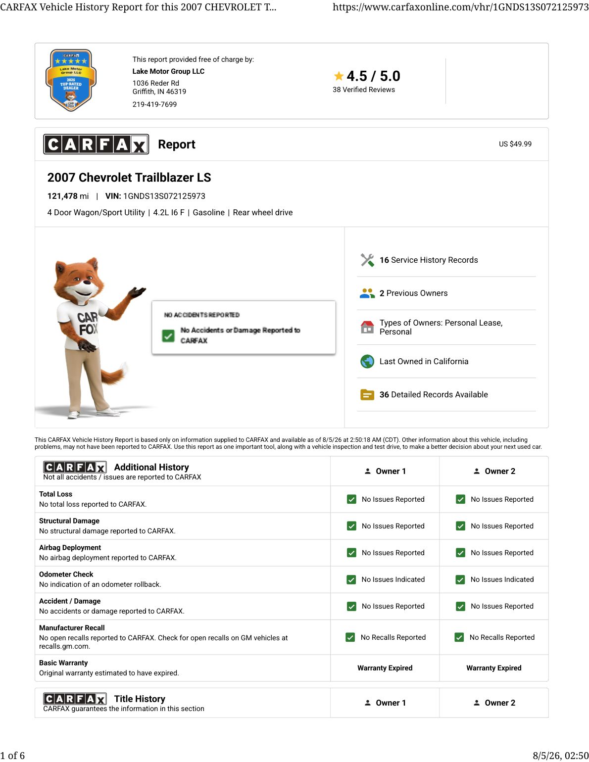 CARFAX vehicle history report — first page