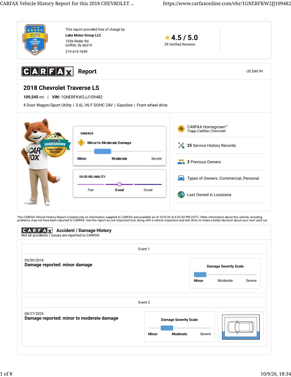 CARFAX vehicle history report — first page