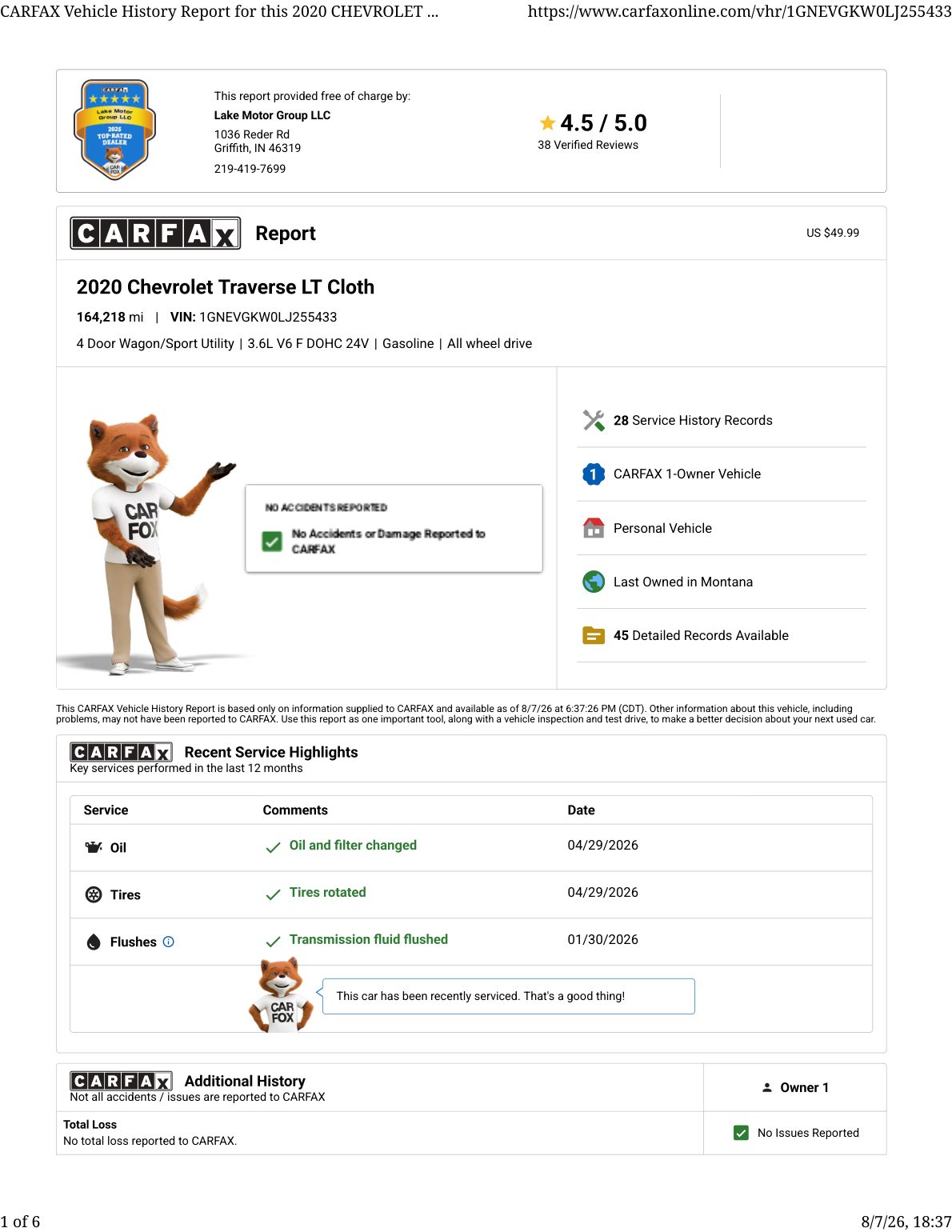 CARFAX vehicle history report — first page