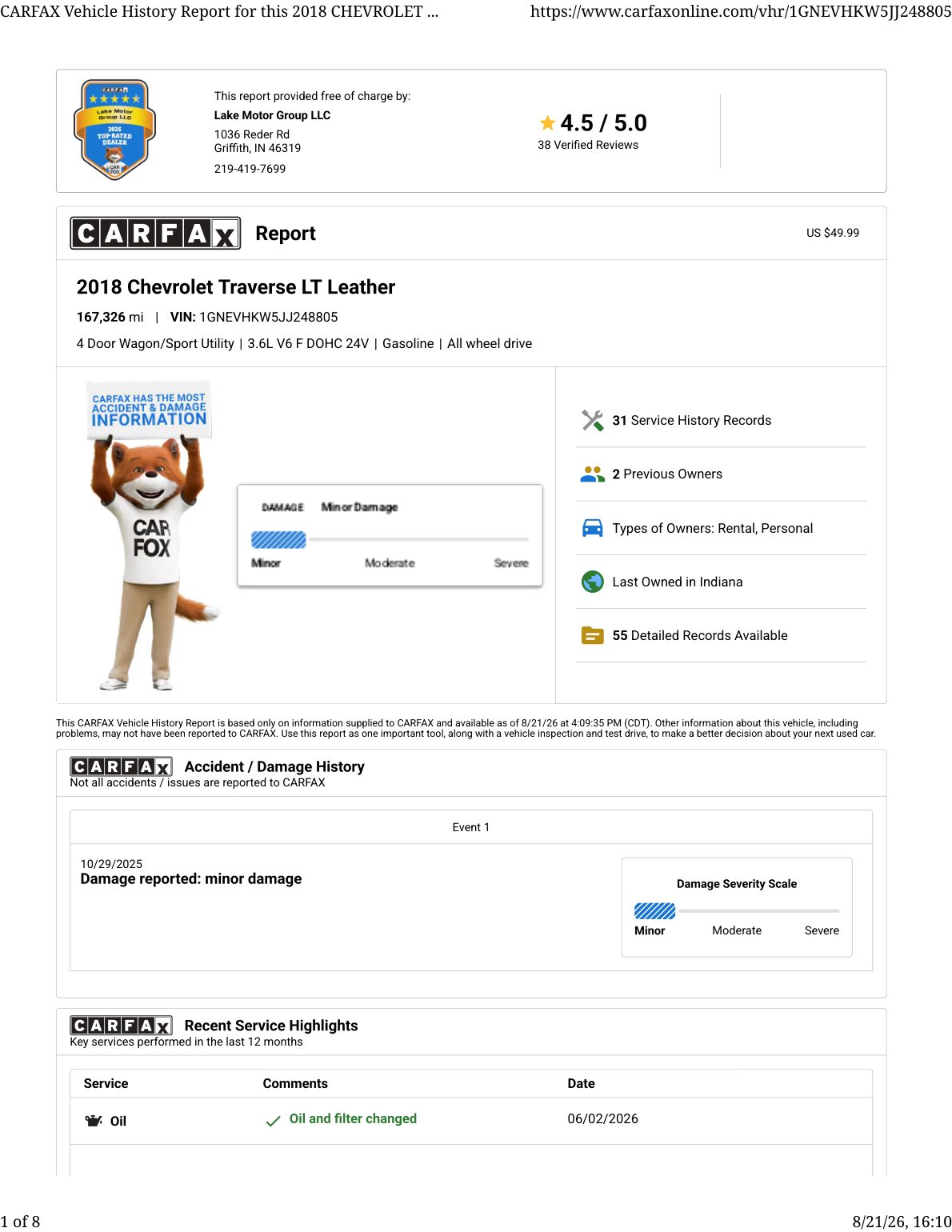 CARFAX vehicle history report — first page
